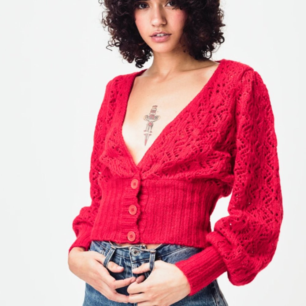 For Love and Lemons Red Pointelle Cardigan, XS